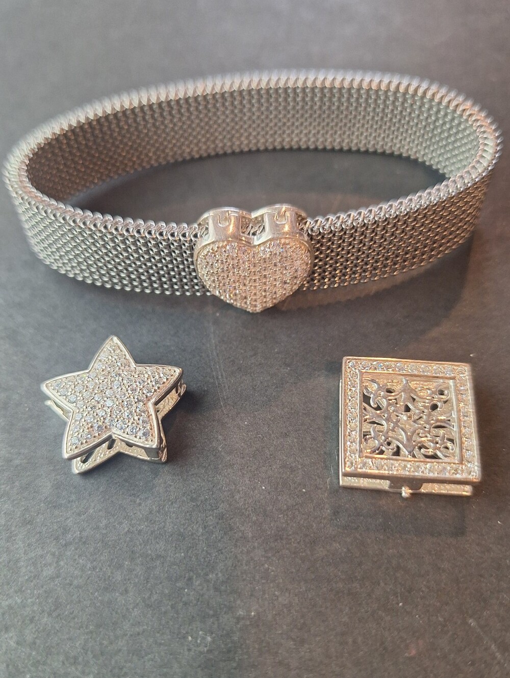 DQCZ Silver Mesh Bracelet with Pave 925 Heart, Square & Star Charm